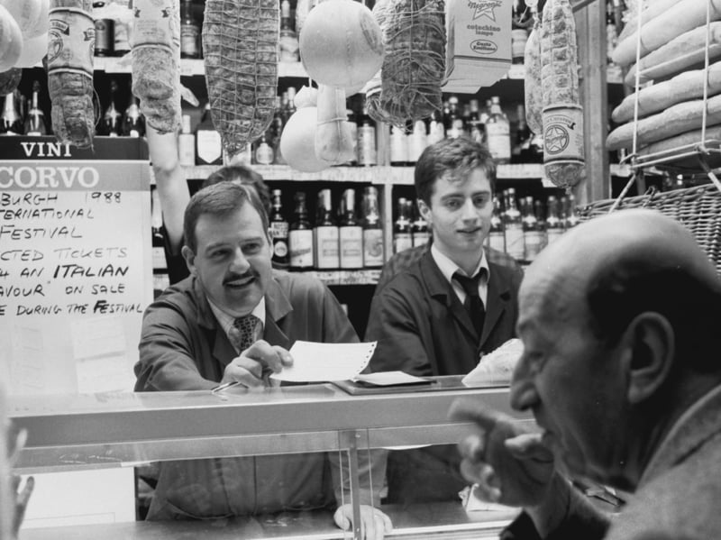 Philip Contini (left), owner of Valvona and Crolla delicatessen, in Edinburgh, in 1988.