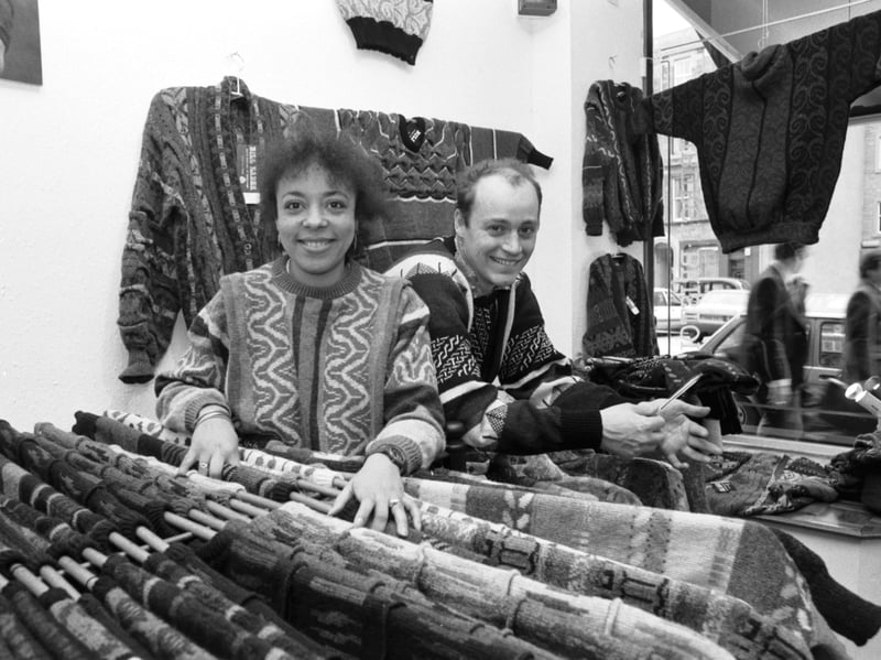 Bill Baber and wife Helen Baber, owners of the Sheepish Looks knitwear shop in Edinburgh's Grassmarket, with some of their designs, in April 1987