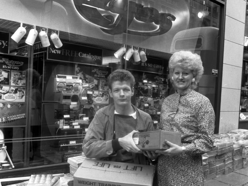 One of the first customers at the new Argos catalogue shop on North Bridge, Edinburgh, after it opened in September 1985