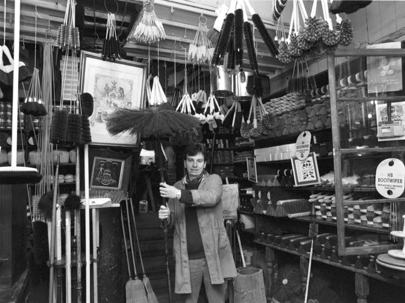 Stephen Gilhooly, owner of Robert Cresser (The Brush Shop), a specialised ironmongers on Victoria Street, Edinburgh, in December 1985