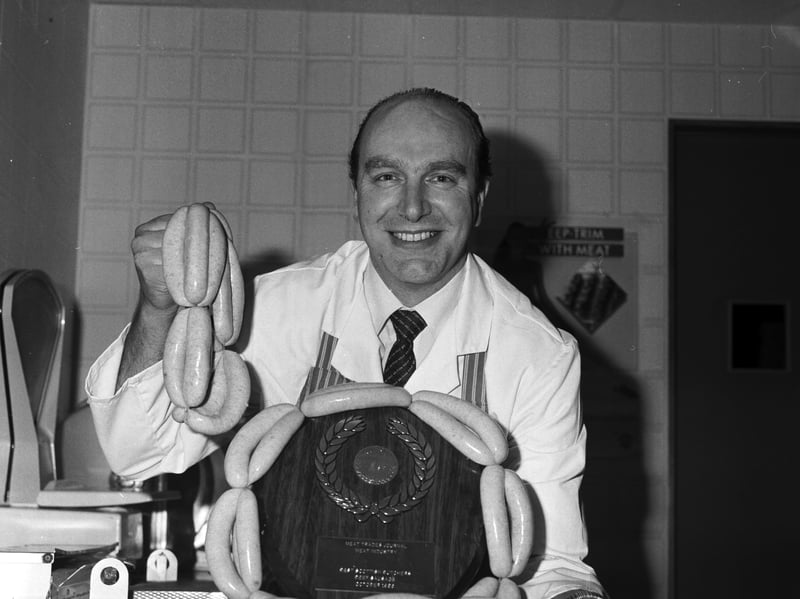 Butcher Sandy Crombie of Crombie's, Broughton Street, Edinburgh, with the Best Beef Sausages in Scotland, in October 1985