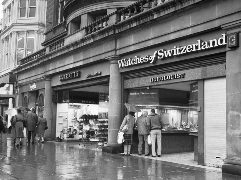 Three shops (Viyella, Barratts and Watches of Switzerland) on Princes Street, Edinburgh, in March 1988