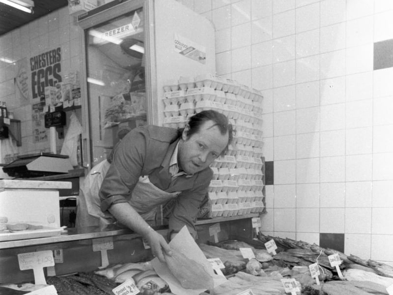 David Cluny with a selection of fish for sale at Walton's fishmongers, on Clerk Street, Edinburgh, in March 1989