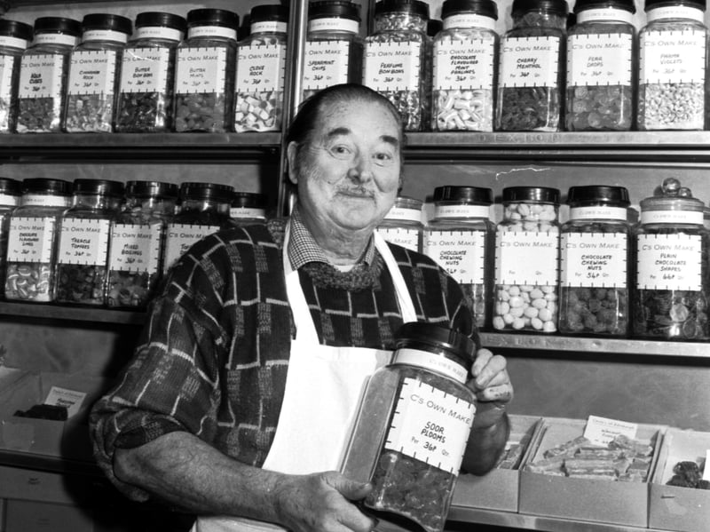 Edinburgh sweet shop owner and confectioner Jimmy Casey with a jar of 'Soor Plooms' in February 1988.