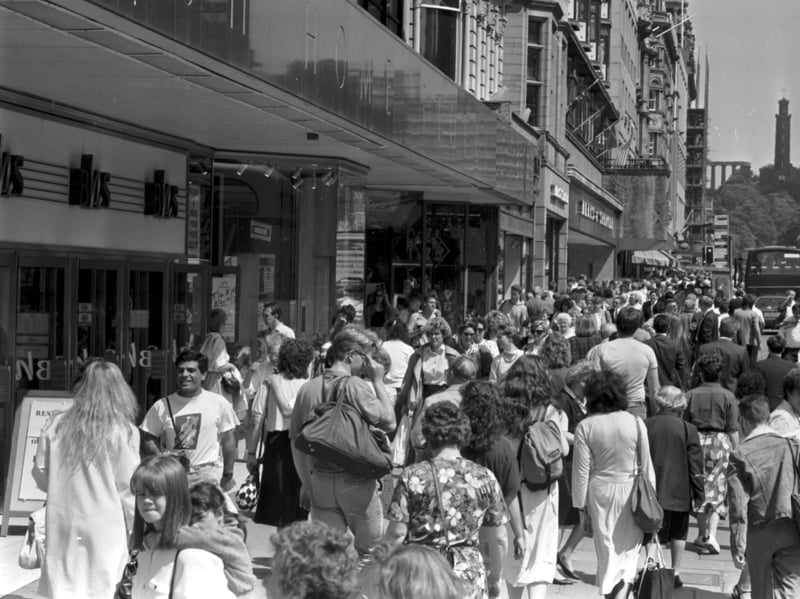 Shoppers outside British Home Stores on Edinburgh's Princes Street, in June 1989