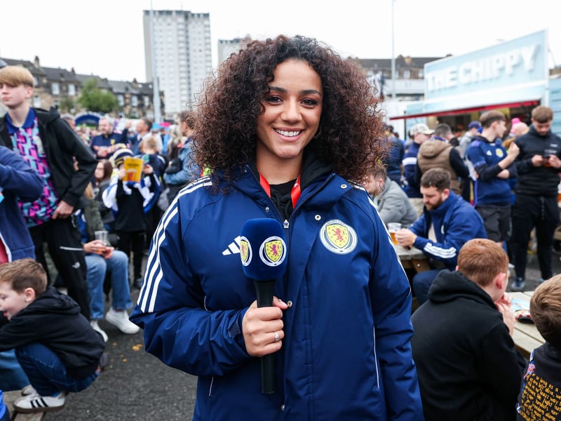 Scottish singer, presenter and actress Shereen Cutkelvin says hello to the fans pre-game.