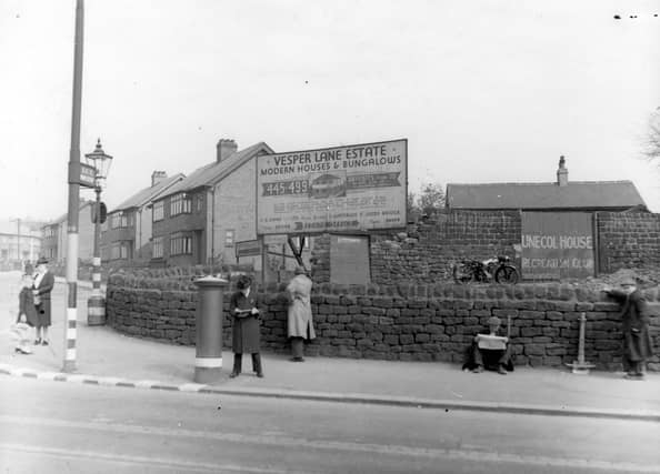 The corner of c and Vesper Lane in May 1940 showing sign for new houses and bungalows built by F. R. Evans on the Vesper Lane estate at £455 - £499. Houses on Vesper Gate Drive are semi-detached. On Vesper Lane is the gate of Unecol House Recreation Club sports ground.