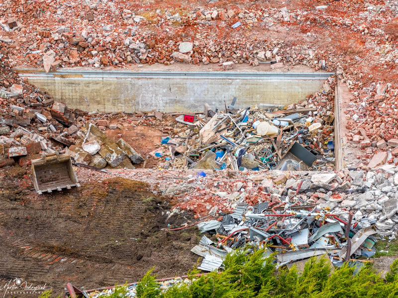 The demolition of the former Pool site is almost complete with all of the structures now gone. The pool itself is still visible.