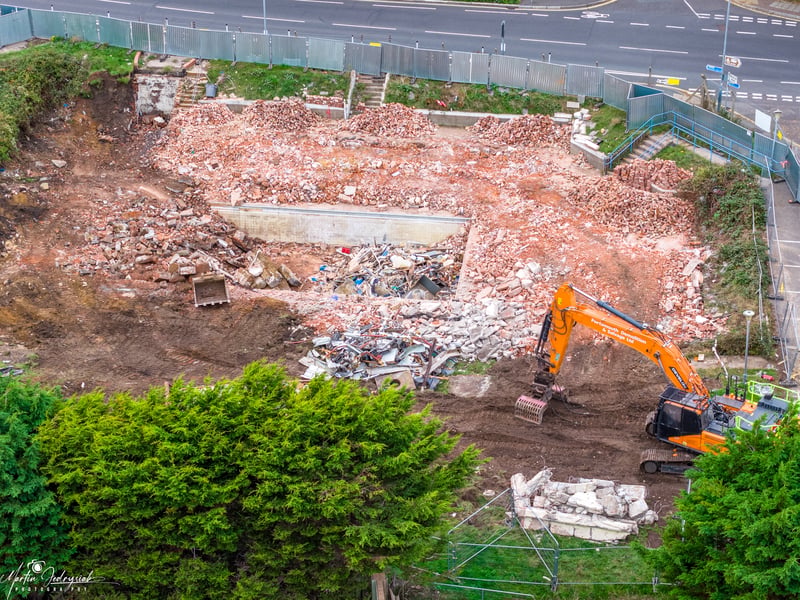 The demolition of the former Pool site is almost complete with all of the structures now gone. The pool itself is still visible.