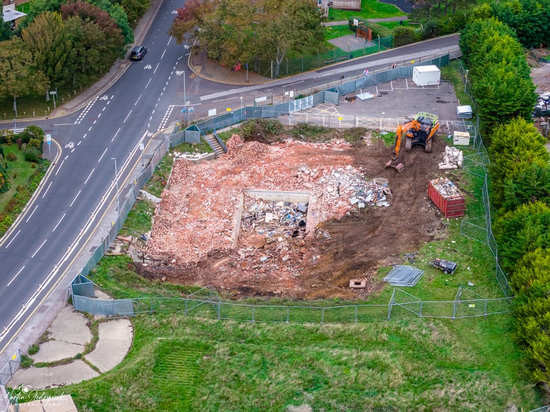 The demolition of the former Pool site is almost complete with all of the structures now gone. The pool itself is still visible.
