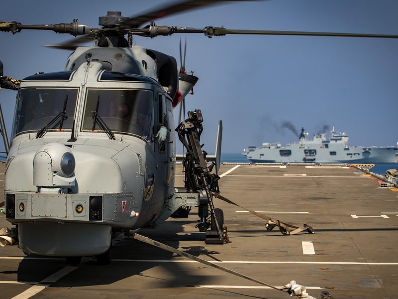 HMS Bulwark conducted flight deck operations with Wildcat from HMS Daring. During the aviation window the Wildcat practiced Highline In Flight Refuelling (HIFR) and winching, as well as taking on fuel, before returning to the Type 45 Destroyer.