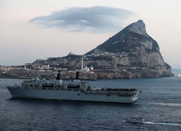 Royal Navy Amphibious Flagship, HMS Bulwark, sailing into Gibraltar on September 24, 2016. for the ship's first port visit of the Royal Navy's inaugural Joint Expeditionary Force (Maritime) Task Group deployment, joining RFA Mounts Bay and MV Eddystone already in harbour.