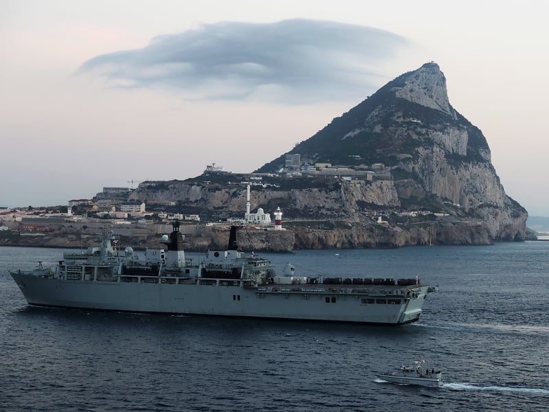Royal Navy Amphibious Flagship, HMS Bulwark, sailing into Gibraltar on September 24, 2016. for the ship's first port visit of the Royal Navy's inaugural Joint Expeditionary Force (Maritime) Task Group deployment, joining RFA Mounts Bay and MV Eddystone already in harbour.