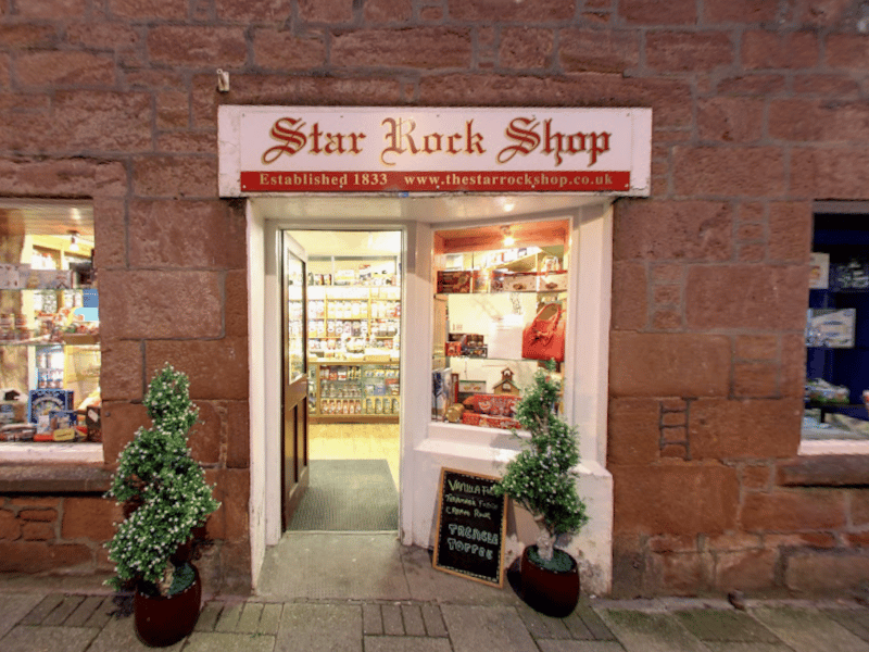 The Star Rock Shop was established in 1833 and is reported to be the oldest sweetshop in Scotland. The institution still trades today from the same premises in the Roods, Kirriemuir. Its famous All Star rock recipes are passed down to each new owner, and are still made at the back of the shop. The traditional flavours are Original lemon, Butterscotch, Cinnamon, Clove, Ginger, Mint and Horehound