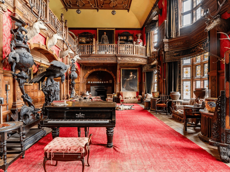 Kinloch Castle, and its surrounding grounds which are also included, extend to approximately 18 acres. There are 20 bedrooms and nine bathrooms within the property. The principal reception rooms are located on the ground floor and consist of a galleried grand hall, drawing room, dining room, billiard and smoking room, sitting room, ballroom and library.
The upper floors contain bedrooms and former staff quarters.