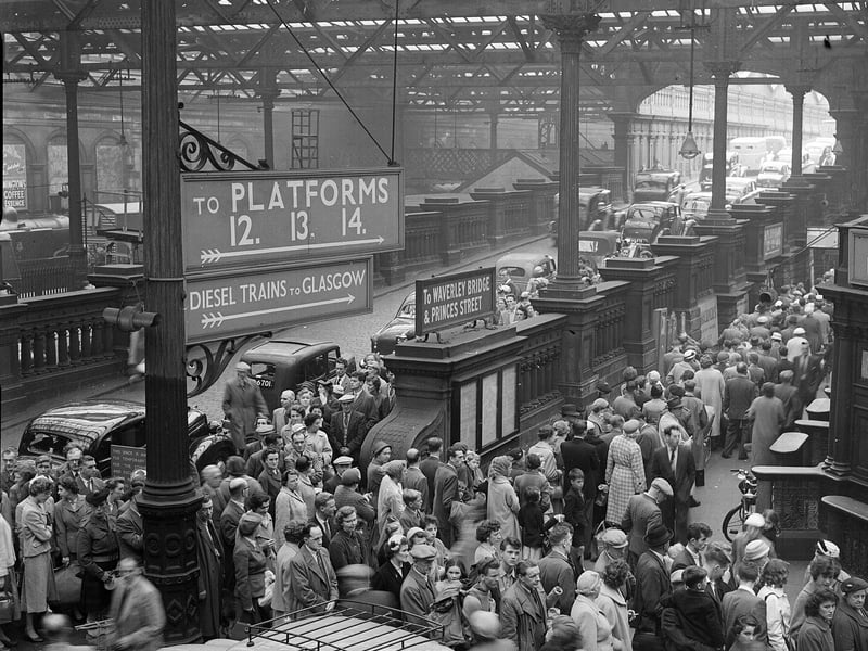 People queuing at Waverley Station, Edinburgh, during a bus strike in July 1957. The nationwide strike lasted 8 days