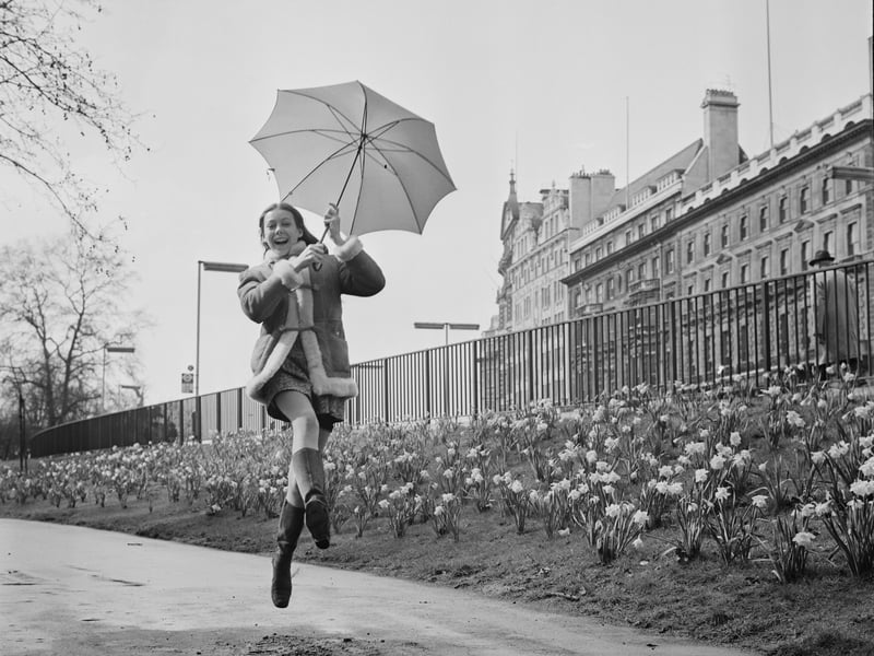 British actress Jenny Agutter jumping for joy in March 1968