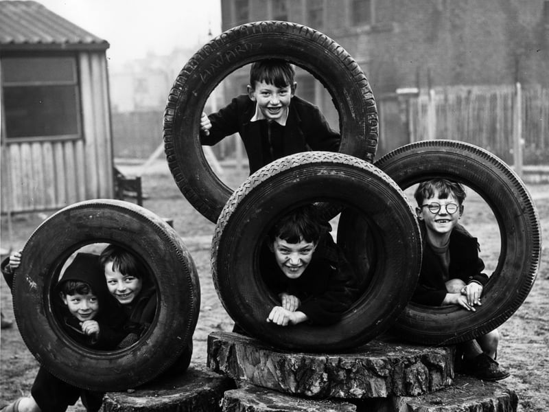 Boys playing at their new playground on a cleared bomb site in 1959