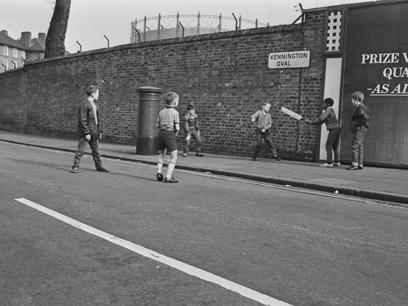 A group of boys play their own mini-Test match outside the Oval in 1968. Pictured are Clive Murray (8), David Delvish (10), Joseph Williams (8), Gary O'Rourke (10), Stephen Handy (11), Stephen Brimble (11) and his brother, Martin Brimble (9).