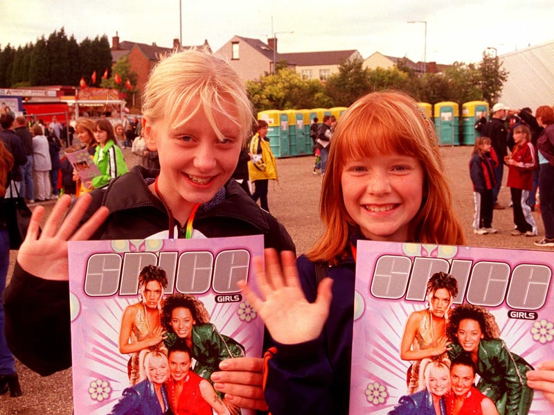 Spice Girls fans Lyndsay Frost and Jodie Soulby, both 11, pictured at the Don Valley Stadium in 1998