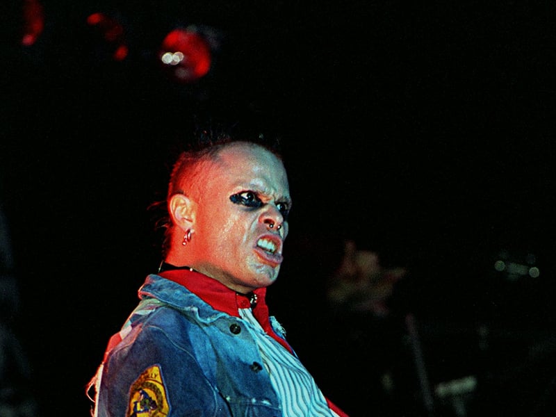 Keith  Flint, of The Prodigy, taunts the Saturday night crowd at The V97 concert at Temple Newsham in August 1997