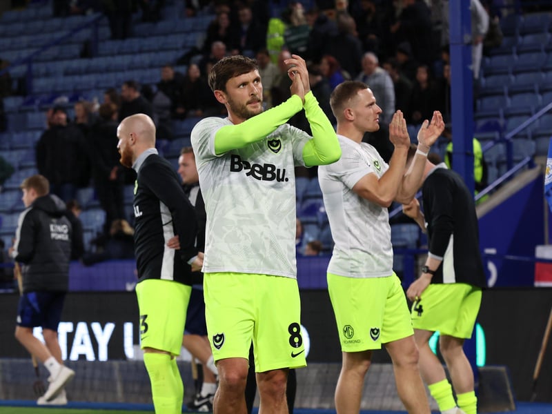 John Swift and Colby Bishop applaud the travelling Fratton faithful