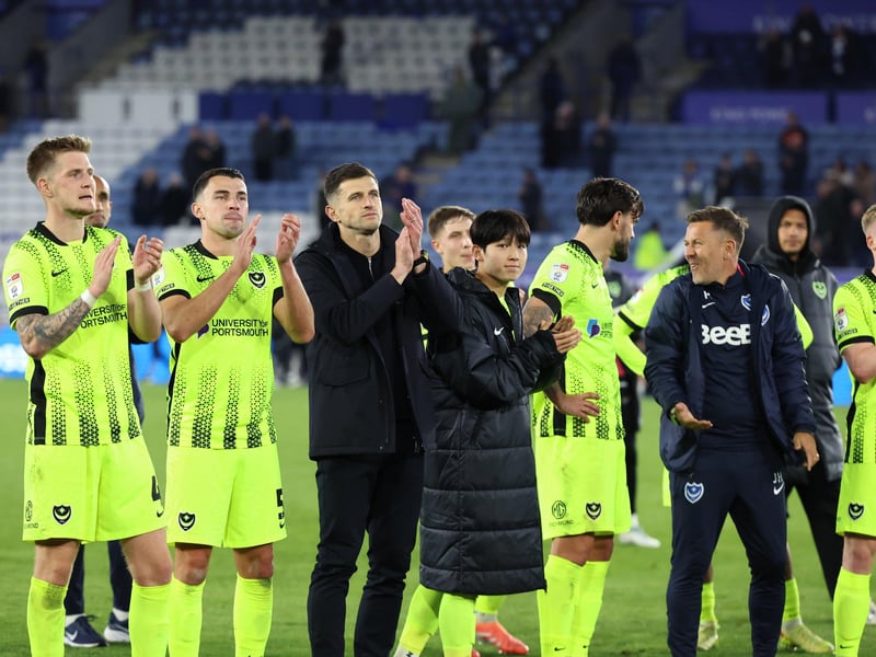 John Mousinho and the Pompey players appkaud the Blues' fans at the end of the game