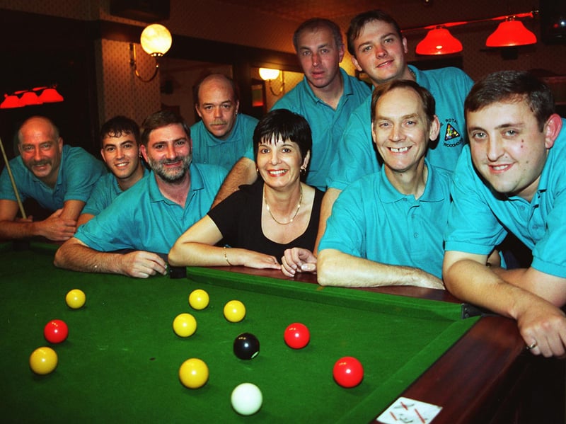The Royal pool team, Woodhouse, in 1997, after raising £1,000 for guide dogs. Pictured from left to right are Graham Allsop, Darren Allsop, landlord Dennis Boswell, Robert Ashdown, landlady Pauline Boswell, Gary Marsh, David Rhodes, Vinny Faulkner and captain Darren Fidler.
