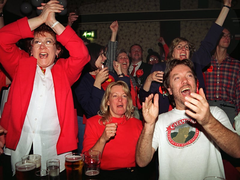 Labour supporters celebrating at the Labour club, on Duke Street, Sheffield, as the 1997 General Election results are announced