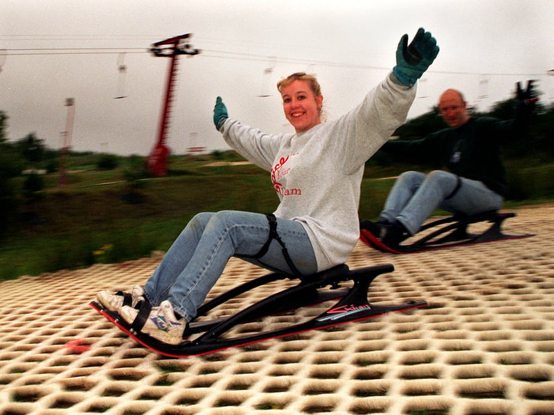 Sarah Wain shows just how easy it is to use the new SkiKart on its launch at Sheffield Ski Village in July 1997
