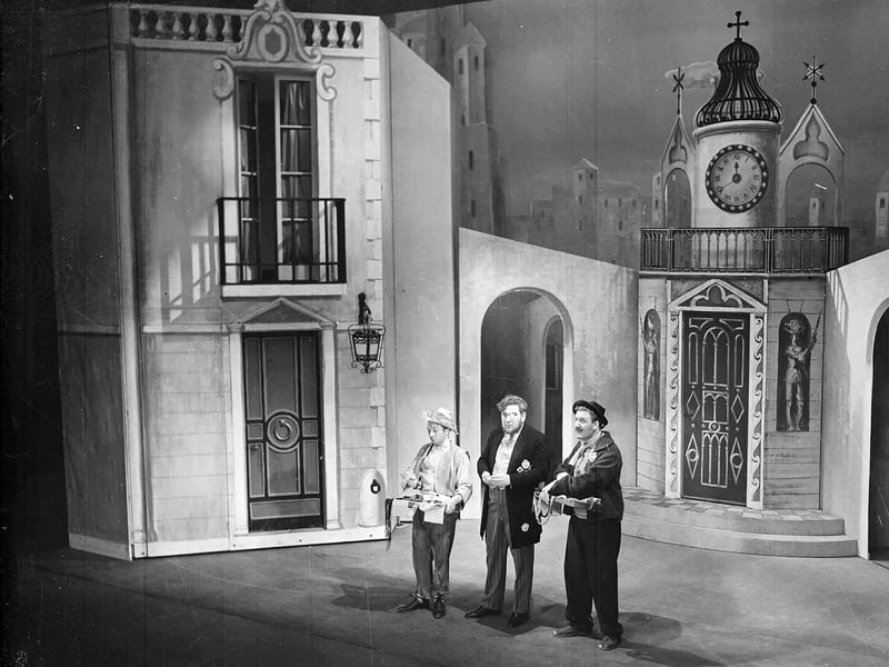 Peter Ustinov (pictured middle) in his own comedy 'Romanoff and Juliet' at the Royal Lyceum Theatre, 1956.