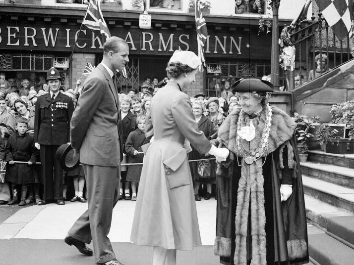 Queen Elizabeth II and Prince Philip Duke of Edinburgh are greeted by the Mayor of Berwick-upon-Tweed Mrs Adams during their tour of Scotland in July 1956.