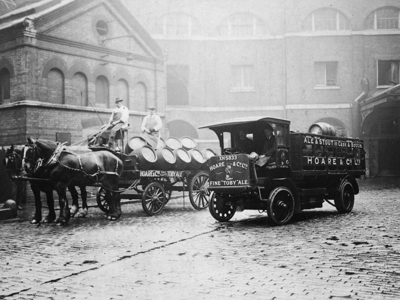 A horse-drawn cart and an electric lorry at Hoare and Co's Red Lion brewery in London in January 1922. The brewery, believed to have been established in the 15th century, survived for more than 400 years before closing in 1934.