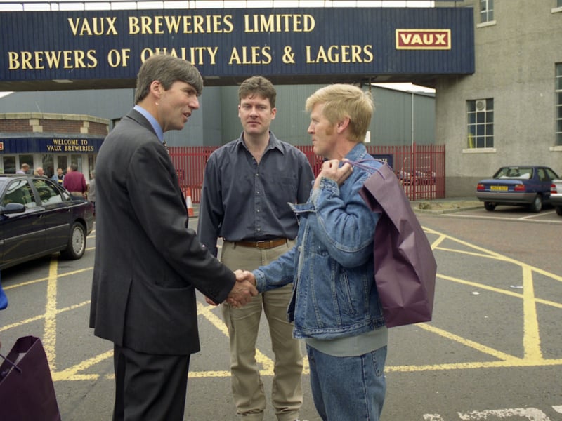 Managing director Frank Nicholson with Vaux Breweries workers on their last day, July 2, 1999. Vaux Breweries, in Sunderland, was founded in 1806 by Cuthbert Vaux. Its famous brands included Vaux's Stout, Maxim, Double Maxim, and Sunderland Best Bitter. The brewery was demolished following its closure in 1999, but the brand has since been resurrected.