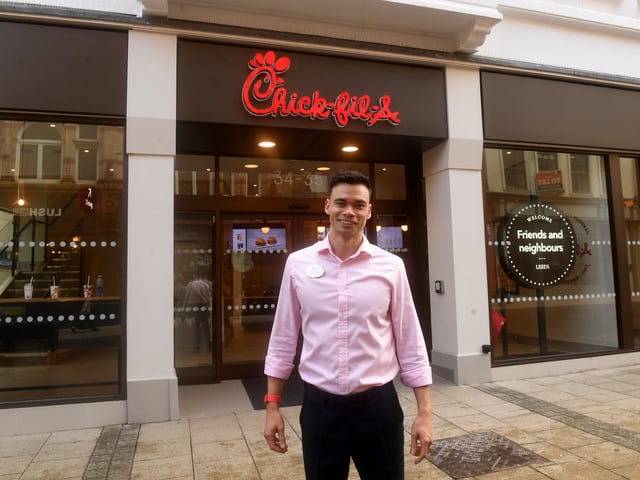 The New Chick-Fil-A restaurant on Commercial Street, Leeds, with operator Mike Hoy pictured outside ahead of its official opening. 