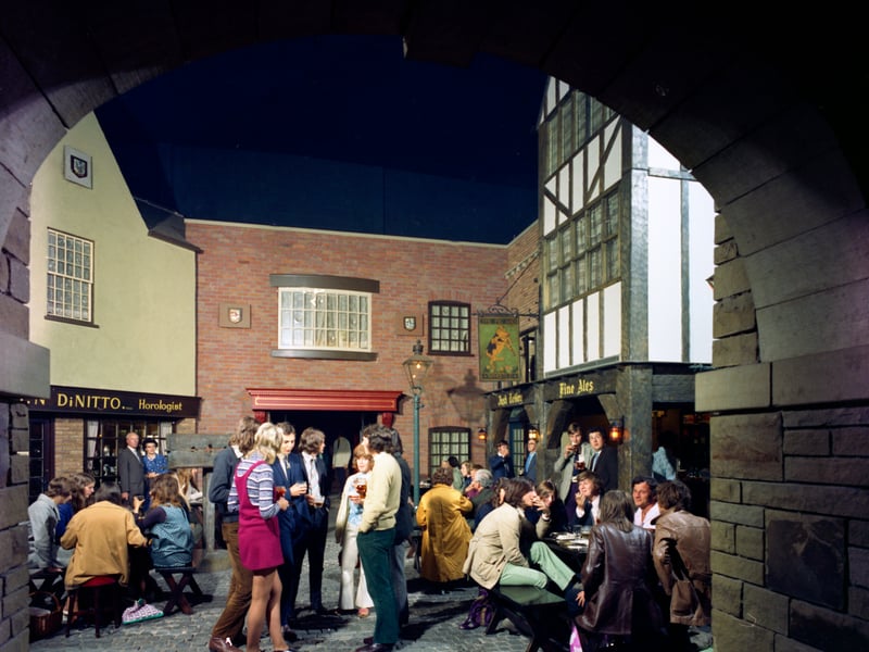 The ye olde worlde-themed Stonehouse pub, in Sheffield, in 1971, with its fake shop fronts set around a cobbled courtyard. It was one of the UK's first themed pubs.