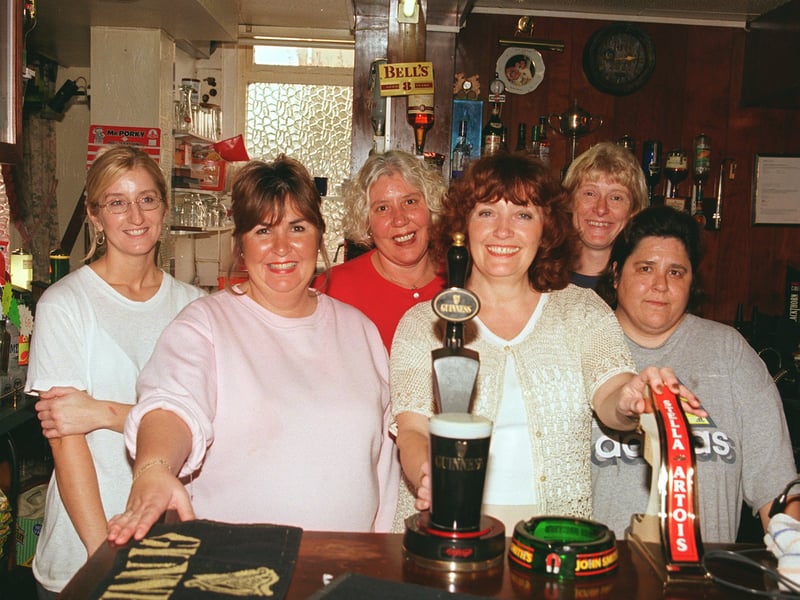 Landlady Sue Bennett (third from right) with her staff, Debbie Bentley, Julie Maude, Lorraine Nelson, Cath Hemingway and Janice Bolland, at the Milton Arms pub, Greasbrough, in October 1999