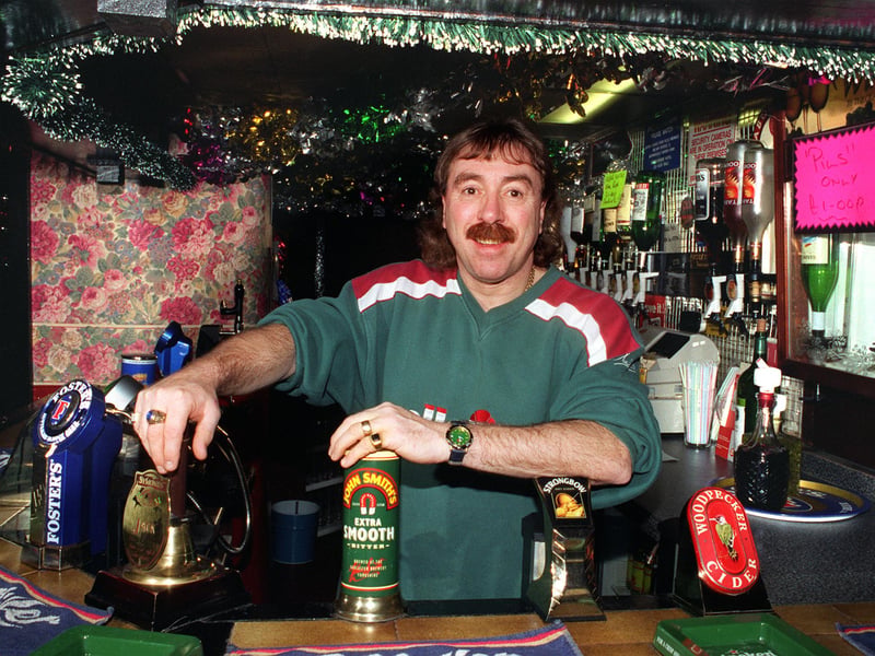 Graham Pugh behind the bar at his pub in Hillsborough, Sheffield, in 1997