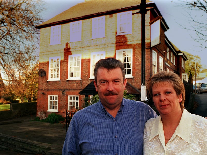 Eric and Dawn Eades outside The Mitre pub, near the station in Knaresborough, in 1999