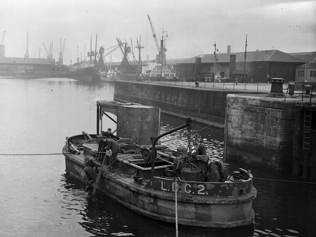 The Leith Docks Commission Diver emerges after inspecting lock gates at Imperial Dock 1953.
