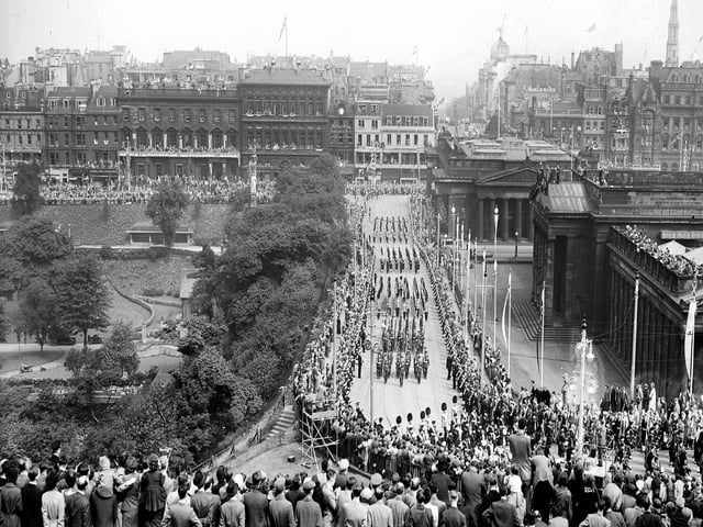 The Royal Procession travels up Edinburgh's Mound in June 1953. for Queen Elizabeth II's Coronation visit.