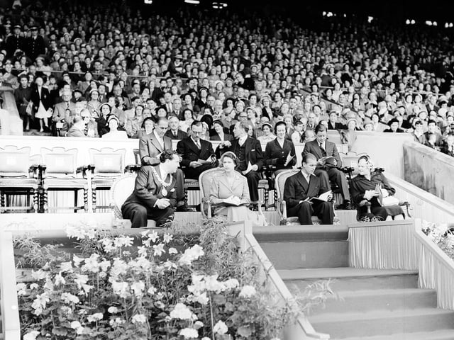 The Queen, Duke of Edinburgh and Lady Provost in the Royal Box for the Murrayfield Youth Rally in June 1953.