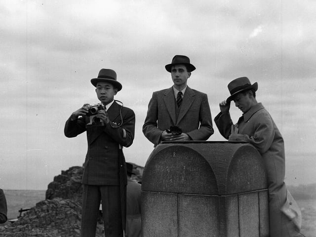 Japanese Crown Prince Akihito at the top of Arthurs Seat, Edinburgh, in 1953