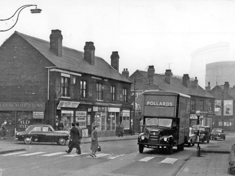 Penistone Road, Neepsend, Sheffield, in March 1963, showing Achibold Mc.Gibbon, newsagent, and other businesses