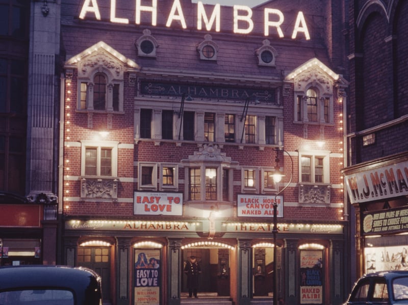 The Alhambra Theatre, Belfast, in around 1954. It is showing the films 'Easy to Love' and 'Black Horse Canyon'.