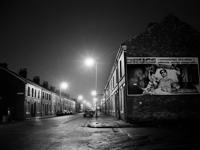 A poster warning of the dangers of drugs in the Claremont Road area of Moss Side, south Manchester, in the 1980s, when the area suffered high levels of drug and gun crime and became known as 'Gunchester'.