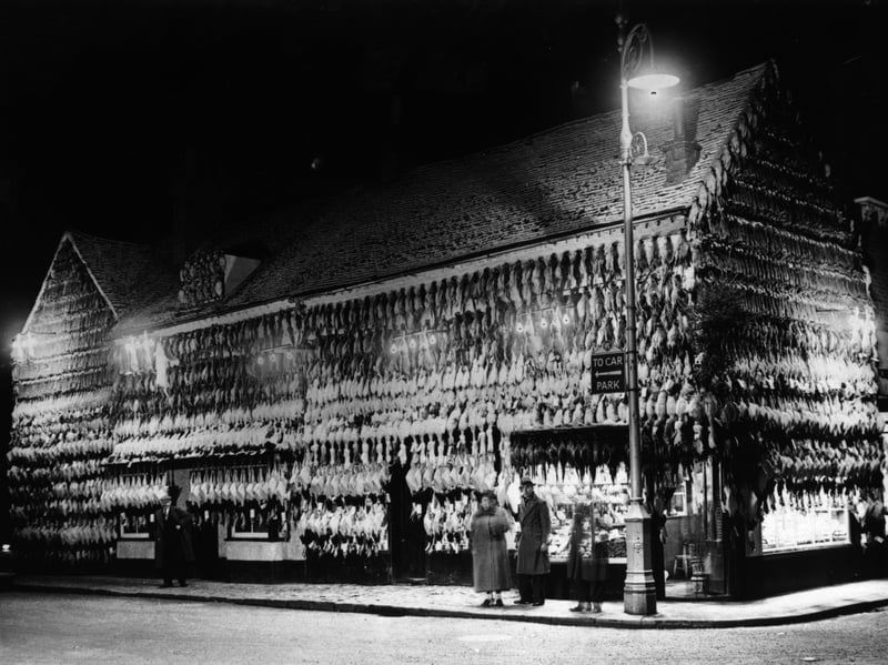 A poulterer's in High Wycombe with an elaborate Christmas display in 1939