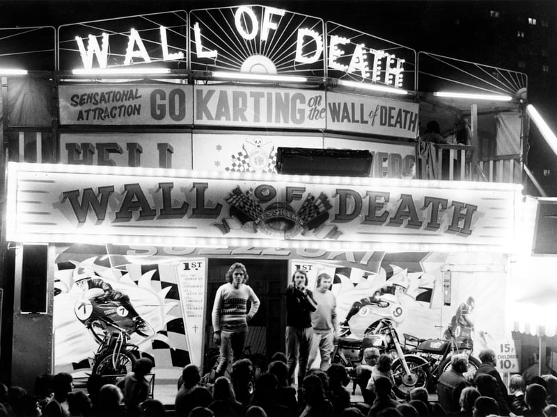 The Wall of Death motorbike show at Goose Fair, Nottingham, in 1973. Goose Fair was first mentioned in the Nottingham Borough Records of 1541, though it probably dates back much further.