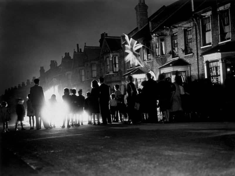 One of the many bonfires which were burning everywhere at night, on VE Day,May 8, 1945