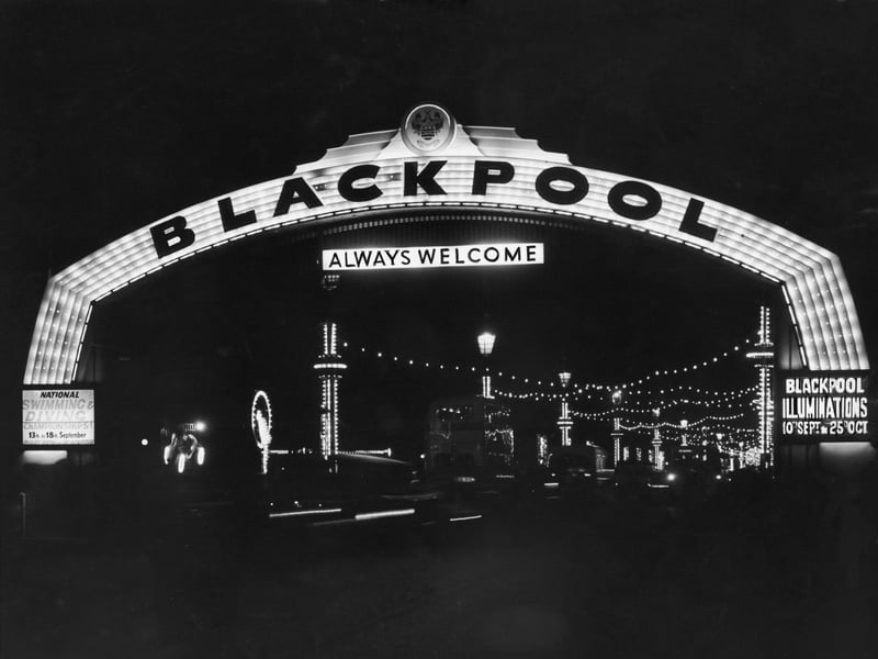 A view through the new welcome arch on Blackpool promenade in September 1954, a week after Gilbert Harding inaugurated the year's illuminations